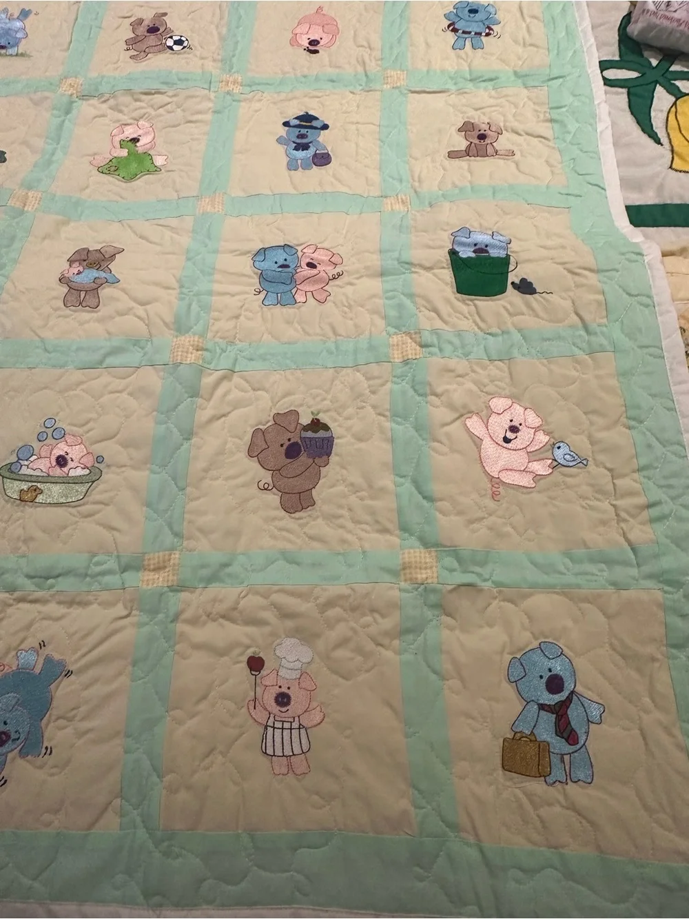 Cute Animal Patchwork Baby Quilt in Mint and Cream